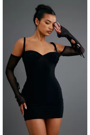 PRETTYLITTLETHING Women Bodycon Dresses - Black Slinky Ruched Bust Mesh Cut Out Sleeve Bodycon Dress
