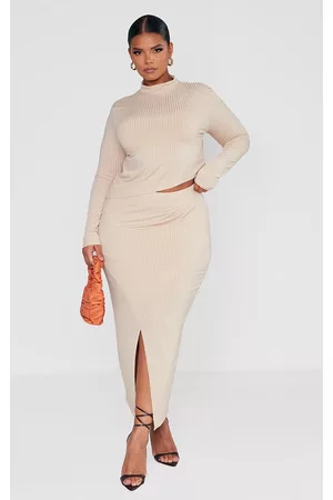PRETTYLITTLETHING Women Asymmetrical Dresses - Plus Oatmeal Rib Asymmetric Wrap Midi Skirt