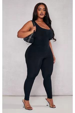 PRETTYLITTLETHING Women Sleeveless Dresses - Plus Black Slinky Sleeveless Scoop Neck Jumpsuit