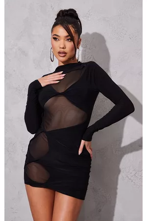 PRETTYLITTLETHING Women Bodycon Dresses - Black Slinky Mesh Insert Knot Detail Bodycon Dress