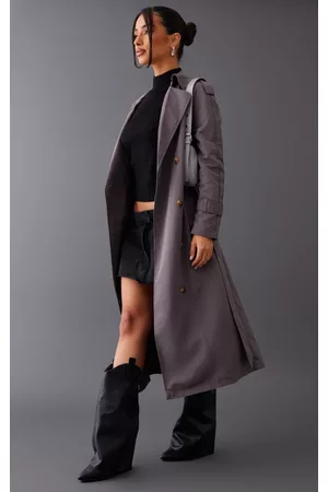 PRETTYLITTLETHING Women Trench Coats - Petite Charcoal Oversized Trench Coat