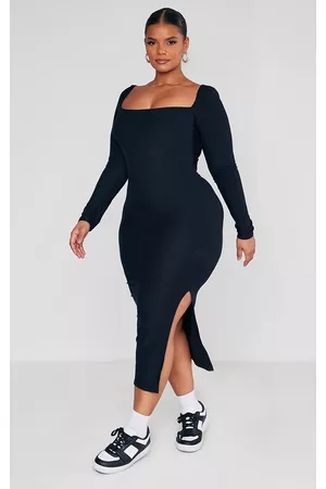 PRETTYLITTLETHING Women Casual Dresses - Plus Black Soft Touch Jersey Square Neck Midi Dress