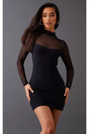PRETTYLITTLETHING Women Long Sleeve Bodycon Dresses - Petite Black Slinky Mesh Insert Long Sleeve Bodycon Dress