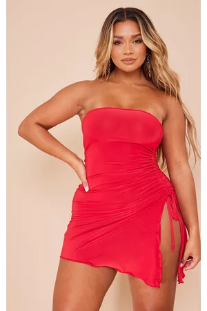 PRETTYLITTLETHING Shape Red Slinky Bandeau Ruched Side Frill Hem Bodycon Dress