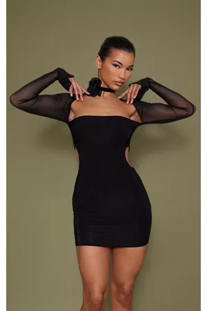 PRETTYLITTLETHING Women Bodycon Dresses - Black Slinky Cut Out Mesh Flared Sleeve Bodycon Dress