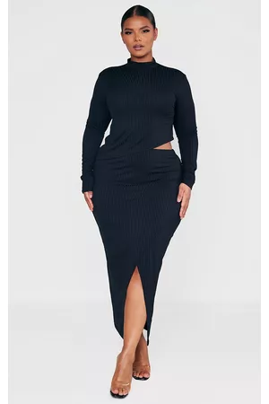 PRETTYLITTLETHING Women Asymmetrical Dresses - Plus Black Rib Asymmetric Wrap Midi Skirt