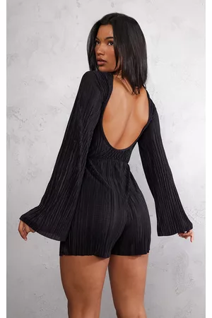 PRETTYLITTLETHING Women T-shirts - Black Plisse Flare Sleeve Open Back Romper