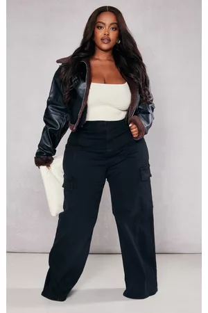 PRETTYLITTLETHING Women Wide Leg Jeans - Plus Black Cargo Wide Leg Jeans