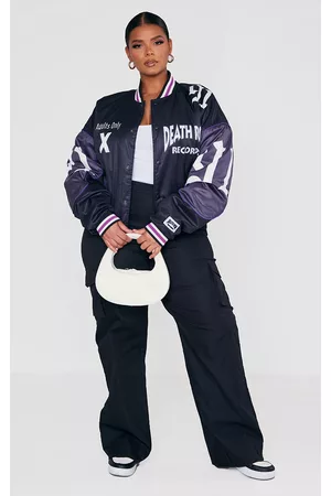 PRETTYLITTLETHING Women Bomber Jackets - Plus Black Deathrow Records Graphic Printed Bomber Jacket