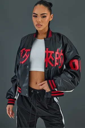Prettylittlething Women's Red La Graphic Front Contrast Satin Bomber Jacket - Size M