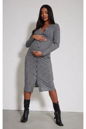 PRETTYLITTLETHING Women Bodycon Dresses - Maternity Dark Grey Fitted Soft Rib Midi Longsleeve Dress
