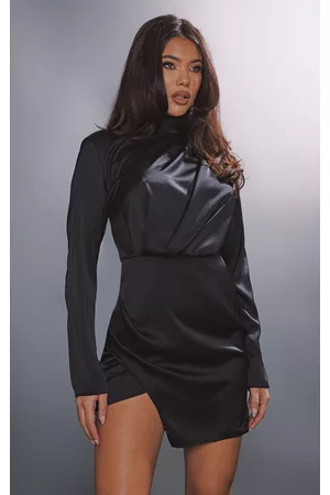PRETTYLITTLETHING Black Satin Shoulder Pad Long Sleeve Bodycon Dress