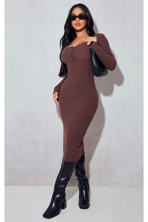 PRETTYLITTLETHING Petite Chocolate Long Sleeve Brushed Button Detail Bodycon Dress