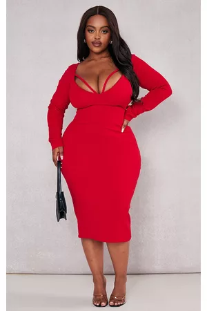 PRETTYLITTLETHING Plus Red Strap Detail Long Sleeve Midi Dress