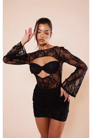 PRETTYLITTLETHING Women Ruched Bodycon Dresses - Black Sheer Lace Underwired Ruched Bodycon Dress