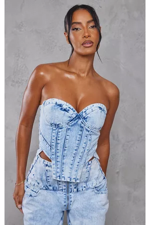PRETTYLITTLETHING Women Jeans - Light Blue Acid Wash Seam Detail Corset Denim Top