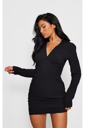 PRETTYLITTLETHING Women Casual Dresses - Black Textured Corset Detail Shirt Style Dress
