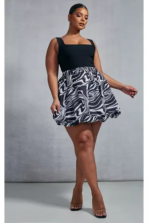 PRETTYLITTLETHING Women Party Dresses - Plus Black Zebra Swirl Puffball Mini Skirt