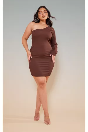 PRETTYLITTLETHING Women Bodycon Dresses - Plus Chocolate Brown Rib One Sleeve Bodycon Dress