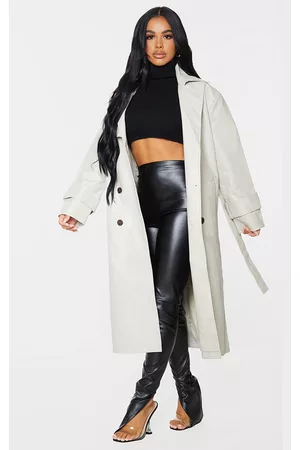 PRETTYLITTLETHING Women Trench Coats - Petite Stone Faux Leather Sleeve Detail Trench Coat