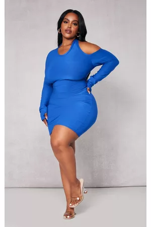 PRETTYLITTLETHING Women Long Sleeve Bodycon Dresses - Plus Bright Blue Slinky Cold Shoulder Long Sleeve Bodycon Dress