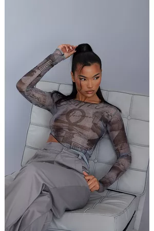 PRETTYLITTLETHING Women Long Sleeved Shirts - Grey Bubble Long Sleeve Asymmetric Hem Mesh Printed Top