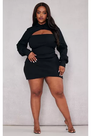 PRETTYLITTLETHING Plus Black Cut Out Shirt Detail Bodycon Dress