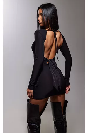 PRETTYLITTLETHING Women Long Sleeve Bodycon Dresses - Black Slinky Backless Tie Detail Long Sleeve Bodycon Dress