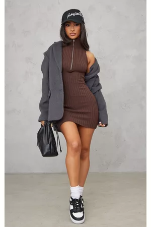 PRETTYLITTLETHING Women Bodycon Dresses - Petite Chocolate Knitted Half Zip Bodycon Dress