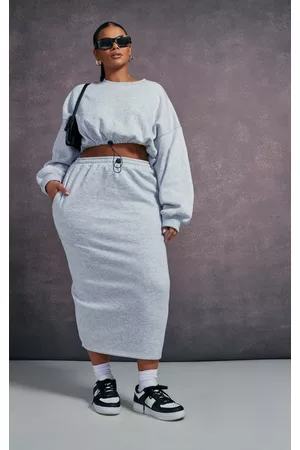 PRETTYLITTLETHING Women Midi Dresses - Plus Grey Toggle Detail Sweat Midi Skirt