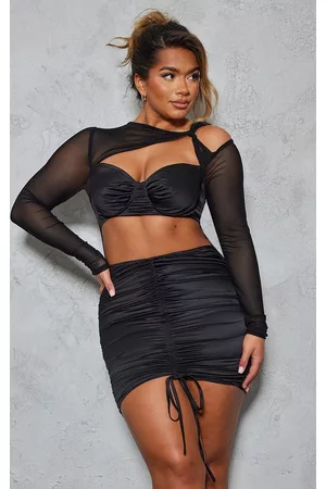 PRETTYLITTLETHING Shape Black Satin Cut Out Ruched Mesh Overlay Bodycon Dress