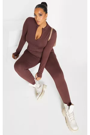 PRETTYLITTLETHING Women Long Sleeve Dresses - Plus Chocolate Zip Up Long Sleeve Jumpsuit
