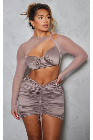 PRETTYLITTLETHING Shape Taupe Satin Cut Out Ruched Mesh Overlay Bodycon Dress