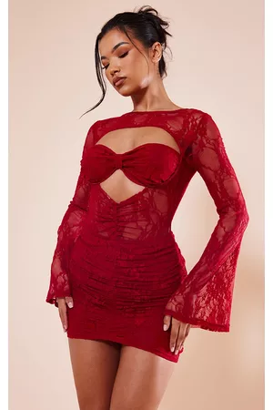 PRETTYLITTLETHING Women Ruched Bodycon Dresses - Red Sheer Lace Underwired Ruched Bodycon Dress