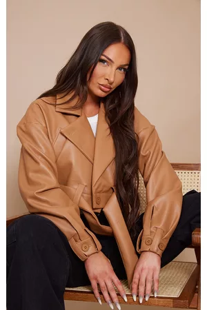 PRETTYLITTLETHING Women Leather Jackets - Tan Oversized Belted Hem Cropped Biker Jacket