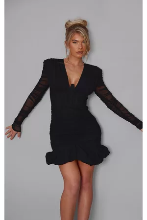 PRETTYLITTLETHING Black Ruched Mesh Corset Detail Puff Hem Bodycon Dress