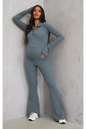 PRETTYLITTLETHING Women Flared Jumpsuits - Maternity Charcoal Rib Collar Detail Flare Leg Jumpsuit