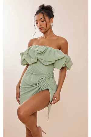 PRETTYLITTLETHING Women Mesh bodycon dresses - Sage Green Mesh Puff Detail Corset Bodycon Dress