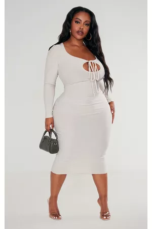 PrettyLittleThing Plus Stone Soft Touch Tie Front Long Sleeve Dress