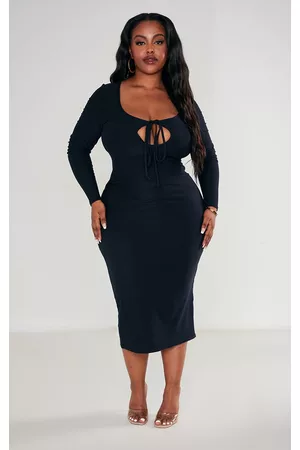 PrettyLittleThing Plus Black Soft Touch Tie Front Long Sleeve Dress