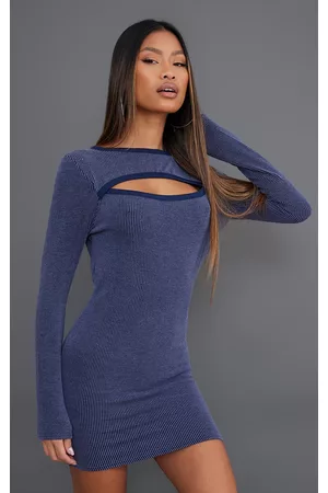 PrettyLittleThing Women Long Sleeve Bodycon Dresses - Blue Ribbed Cut Out Long Sleeve Bodycon Dress