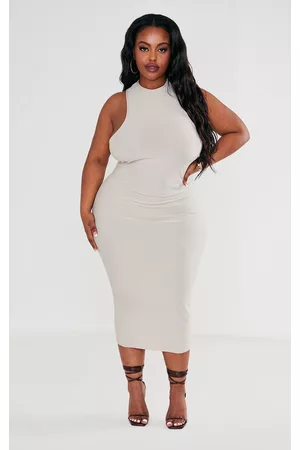 PrettyLittleThing Plus Stone Soft Touch Racer Neck Bodycon Dress