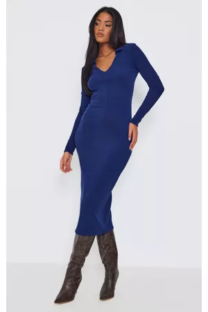 PRETTYLITTLETHING Women V-Neck Dresses - Tall Ink Blue Plunge Polo Neck Midi Dress