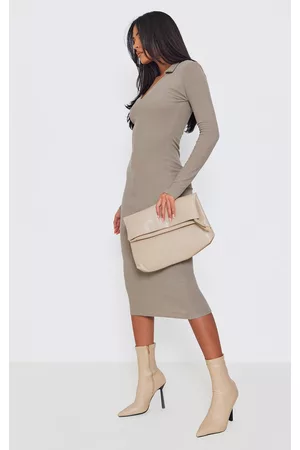 PRETTYLITTLETHING Women V-Neck Dresses - Tall Taupe Plunge Polo Neck Midi Dress