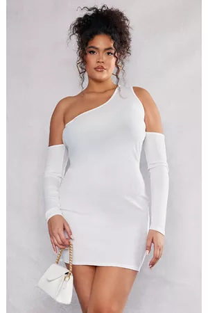 PRETTYLITTLETHING Plus White Rib Cut Out Cold Shoulder Bodycon Dress