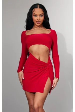 PRETTYLITTLETHING Women Long Sleeve Bodycon Dresses - Red Slinky Cut Out Knot Skirt Long Sleeve Bodycon Dress