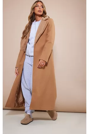 PRETTYLITTLETHING Women Fur Coats - Camel Faux Fur Collar Wool Look Belted Coat