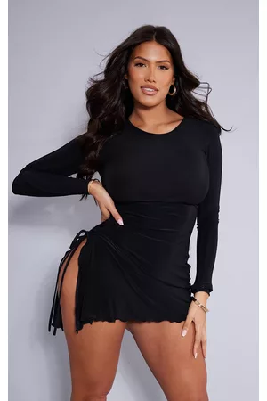 PRETTYLITTLETHING Women Long Sleeve Bodycon Dresses - Shape Black Slinky Long Sleeve Ruched Side Frill Hem Bodycon Dress