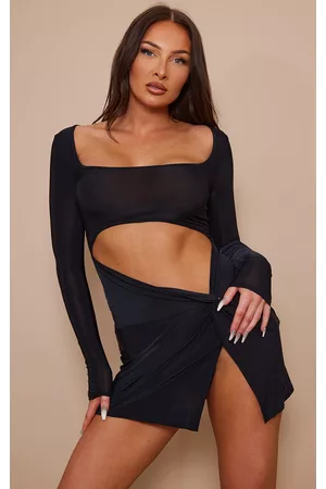 PRETTYLITTLETHING Black Slinky Cut Out Knot Skirt Long Sleeve Bodycon Dress