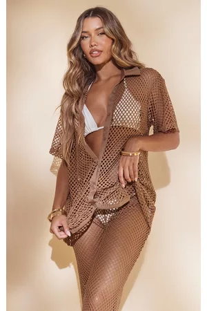 PRETTYLITTLETHING Women Short sleeved Shirts - Chocolate Net Oversized Short Sleeve Beach Shirt
